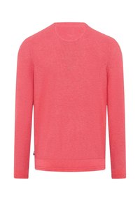Roter Pullover mit langen Ärmeln, rundem Ausschnitt und gerippten Bündchen. Strukturierter Strickstoff mit glatter Oberfläche, versehen mit einem kleinen Markenzeichen an der Seite.