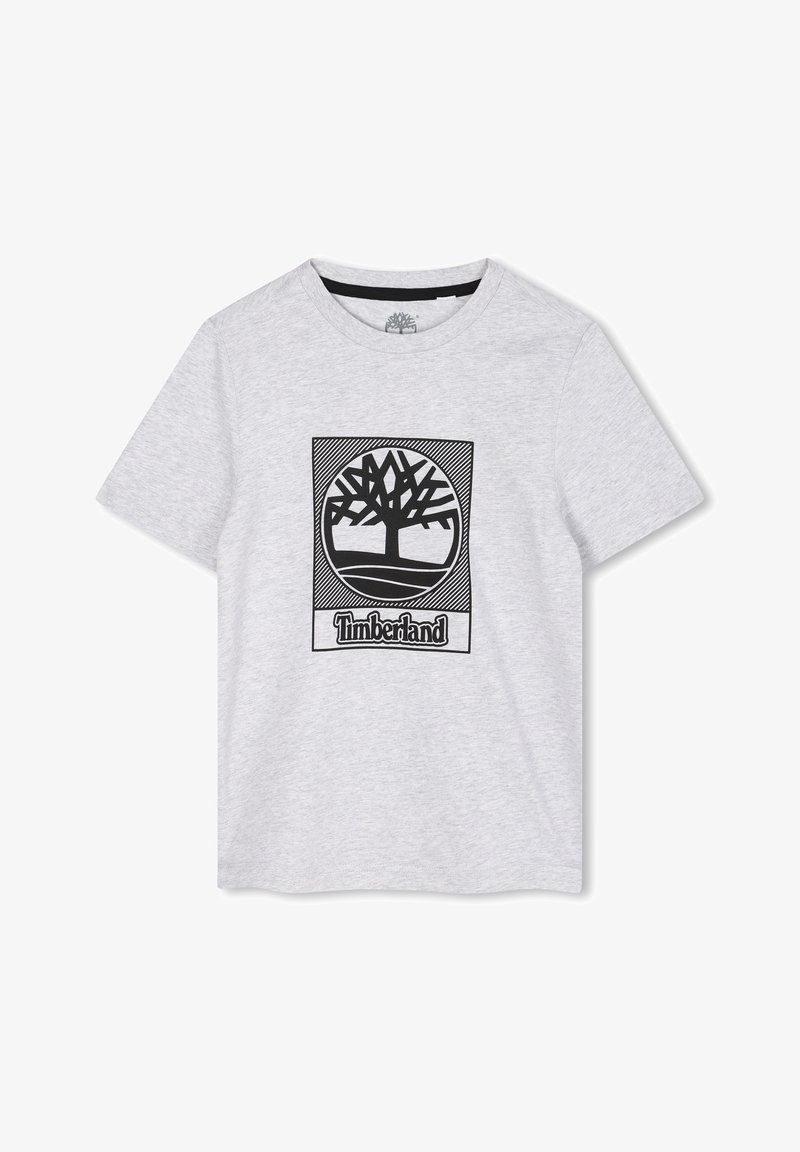 T-shirt in cotone grigio con logo ad albero nero e testo "Timberland" all'interno di un bordo rettangolare. Maniche corte, design con colletto a girocollo.