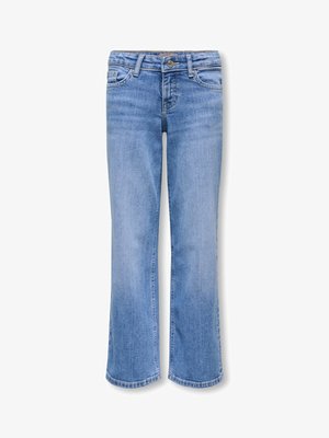 Jean en denim bleu clair avec une coupe droite légèrement évasée, fermeture par bouton et zip, et design classique à cinq poches.