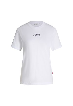 T-shirt blanc à manches courtes en coton, avec un col rond et le logo "JOOP! JEANS" en bleu foncé sur le devant. Design simple, sans motifs.