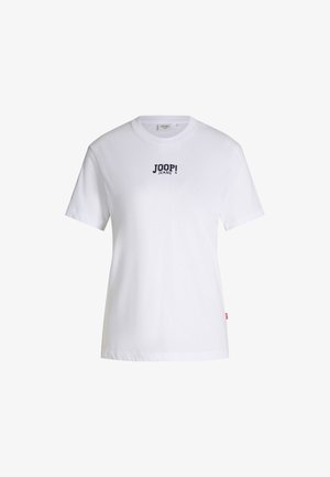 T-shirt blanc à manches courtes en coton, avec un col rond et le logo "JOOP! JEANS" en bleu foncé sur le devant. Design simple, sans motifs.