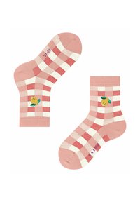 Rosarote und weiße karierte Socken mit einer weichen Textur, die eine gelbe Fruchtillustration und grüne Blätterdetails zeigen.