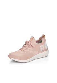 Pink athletic shoes with a breathable mesh upper, round toe, laces, and a white accent on the heel. Lightweight design with a cushioned sole.