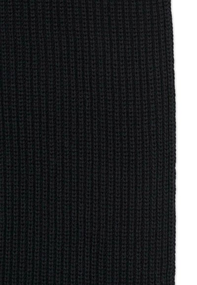 Tessuto lavorato a maglia nero con una texture a coste. Linee verticali uniformemente distanziate creano profondità nel motivo. Morbido, elasticizzato, adatto a varie applicazioni nell'abbigliamento.