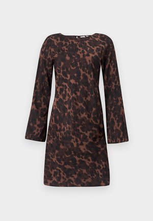 Braunes Leopardenmuster-Kleid mit langen Ärmeln, rundem Ausschnitt und lockerem Sitz. Hergestellt aus leichtem Stoff mit glatter Textur.