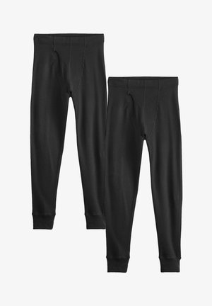 Black cotton long johns with a ribbed texture, elastic waistband, and fitted cuffs; includes a functional front fly design.