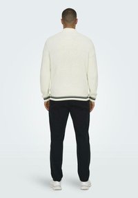 Suéter de punto crema con cuello acanalado y acentos de rayas negras, combinado con pantalones negros y zapatillas blancas. Se muestra la vista posterior.