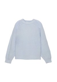 Pullover lavorato a maglia azzurro chiaro con maniche lunghe, collo rotondo e texture a coste. Presenta una vestibilità comoda e un design con maniche raglan.