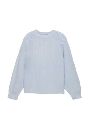 Pull en tricot bleu clair avec des manches longues, un col rond et une texture côtelée. Présente une coupe décontractée et un design de manches raglan.