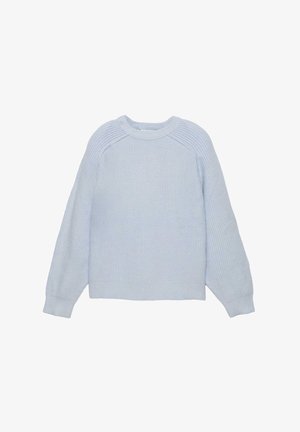 Pull en tricot bleu clair avec des manches longues, un col rond et une texture côtelée. Présente une coupe décontractée et un design de manches raglan.