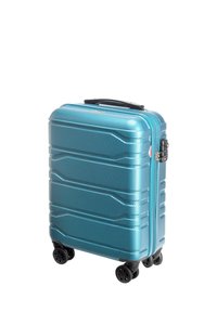 Maleta rígida en teal metálico, con una superficie texturizada, cuatro ruedas negras y un cierre de cremallera duradero.