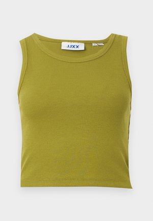 Débardeur côtelé vert olive avec un col rond et un design sans manches. Présente une étiquette portant la mention "JJXX" à l'intérieur du col.