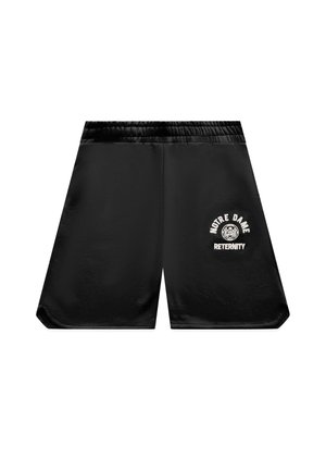 Shorts de sport noirs avec une taille élastique affichant les textes blancs "Notre Dame" et "Reternity" et un emblème circulaire sur la jambe droite.