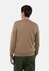 Pull en laine brun avec un col rond et des manches longues, présentant une texture lisse et des poignets et un ourlet côtelés. La vue arrière montre un design simple.