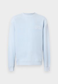 Sweat-shirt bleu clair à manches longues avec col rond, poignets et ourlet côtelés, avec un petit logo texte blanc sur le côté gauche de la poitrine.
