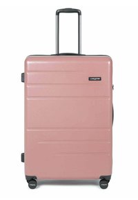 Valigia rigida di colore rosa chiaro con strisce testurizzate, maniglia nera retrattile e quattro ruote nere per una maggiore mobilità.