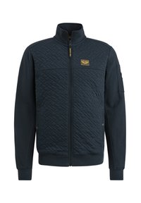 Dunkelblaue Jacke mit einem gesteppten Vorderteil und glatten Ärmeln, mit Reißverschluss, hochgeschlossenem Kragen und einem vorderen Patch-Label. Weicher, strukturierter Stoff.