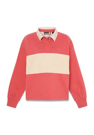 Polo a maniche lunghe color corallo e crema con collo, caratterizzata da un logo ricamato e da un pannello orizzontale a contrasto.