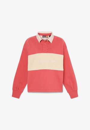 Polo a maniche lunghe color corallo e crema con collo, caratterizzata da un logo ricamato e da un pannello orizzontale a contrasto.