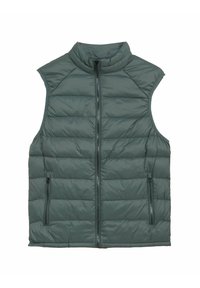 Zelená péřová vesta s vysokým límcem, předním zipem a dvěma bočními kapsami. Má prošívanou strukturu a bezrukávový design. Lehce materiál.