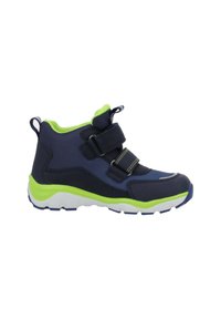 Scarpe alte blu navy con accenti verdi, dotate di due cinturini regolabili in Velcro, tessuto texturizzato e suola in gomma bianca.