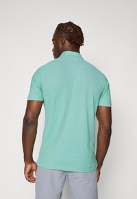 Grünes Poloshirt mit kurzen Ärmeln aus leichtem Stoff, mit einem kragenartigen Ausschnitt und einem einfarbigen, strukturierten Design, von hinten betrachtet.