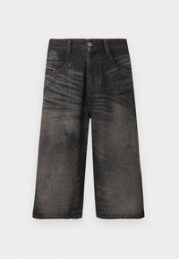 Σκούρο γκρι, παντελόνι τζιν με φαρδύ πόδι και ξεθωριασμένη υφή, με κούμπωμα με κουμπί στη μέση. Διαθέτει σχεδιασμό με πέντε τσέπες και αντίθεση στη ραφή.