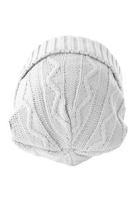 White knitted beanie hat with a ribbed cuff, featuring a textured diamond pattern throughout, providing a cozy, warm appearance.