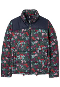 Vadderad blommig jacka med en marinblå övre del, som har en blandning av röda, rosa och blå blommor på en mörkgrön bakgrund. Dragkedjestängning.