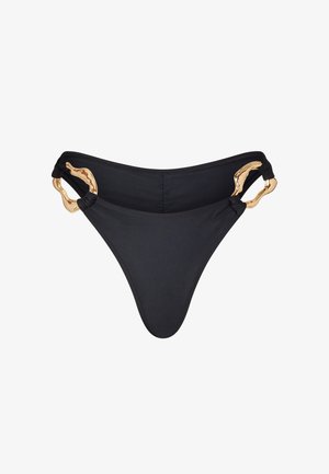 Sorte bikiniunderdel med minimalistisk design, lavet af glat materiale, med hardware-detaljer i guldfarve på siderne.