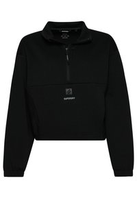 Pullover cropped nero realizzato in tessuto morbido. Presenta un colletto alto, zip frontale e logo ricamato "SUPERDRY" sul petto. Maniche lunghe.