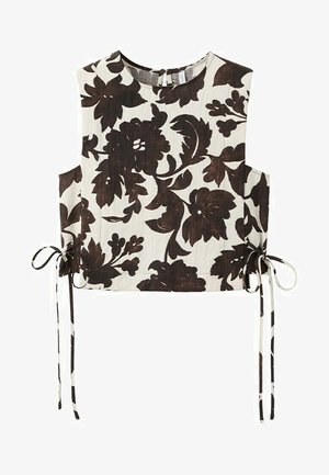 Beżowy krótki top bez rękawów z dużym ciemnobrązowym kwiatowym wzorem i bocznymi wiązaniami w talii.