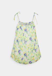 Kukkainen hihaton mekko, jossa on säädettävät olkaimet, sisältää keltaisia ja purppuranvärisiä kukkia vaaleanvihreällä taustalla, valmistettu kevyestä materiaalista.