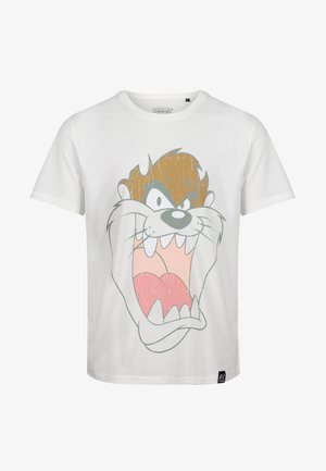 Camiseta blanca de algodón con un gran gráfico de la cara de un personaje de dibujos animados, con características faciales detalladas y colores vibrantes.