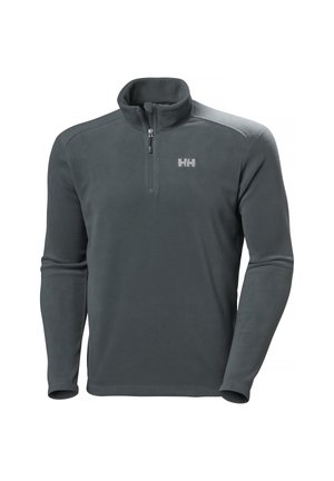 Dark grey fleece pullover with a half-zip neck. Features long sleeves and a subtle logo on the chest. Soft texture and minimal design.