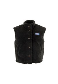 Zwarte, mouwloze fleece-vest met hoge kraag, knoopsluiting aan de voorkant, twee zijzakken en een klein logo-oppatch op de linkerborst.