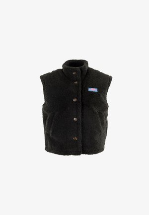 Gilet in pile nero senza maniche, con colletto alto, chiusura frontale a bottoni, due tasche laterali e una piccola toppa con logo sul lato sinistro del petto.