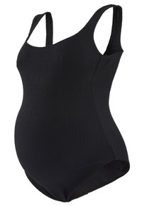 Maillot de bain de maternité noir en tissu côtelé, avec des bretelles et une coupe ajustée pour s'adapter à un ventre en croissance.