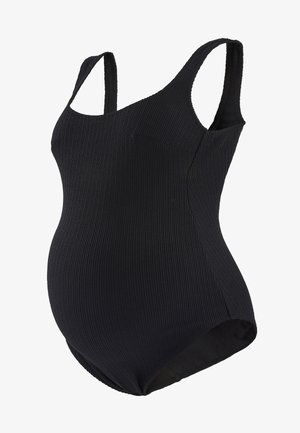 Must have kootud rasedus ujumisriided mustas värvuses, millel on õlavarre rihmad ja figuuri järgiv disain, mis mahutab kasvava kõhu.