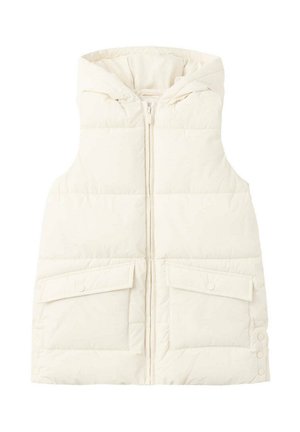 Cream-colored padded sleeveless vest with front zipper, two large flap pockets, snap buttons on the sides, and a high padded collar.