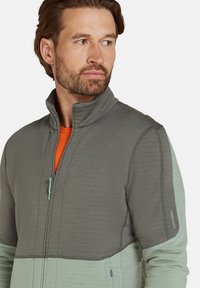 Heren zip-up jas in donkergrijs en lichtgroen. Kenmerkt zich door een hoge kraag, textielstructuur en zijzakken. Logo op de schouder.