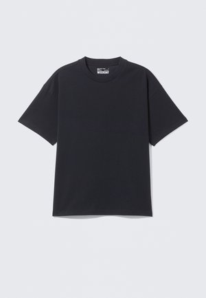Black t-shirt made of cotton, featuring a crew neck, short sleeves, and a relaxed fit, with no visible patterns or accents.