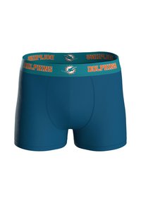 Tyrkysové boxerky s jednofarebným designem, s elastickým pasem v kontrastní tyrkysové barvě s oranžovým nápisem "DOLPHINS" a logem.