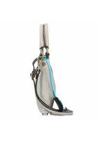 Sac à main en cuir gris avec des accents turquoise, surface texturée, quincaillerie en laiton, deux poignées supérieures et une bandoulière réglable.
