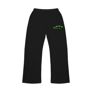 Black sweatpants with a relaxed fit, featuring an elastic waistband and pockets. Bright green logo printed on the left thigh.