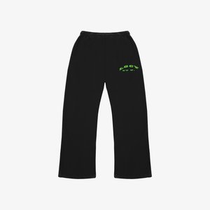 Black sweatpants with a relaxed fit, featuring an elastic waistband and pockets. Bright green logo printed on the left thigh.