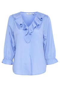 Blusa azzurro chiaro in satin con scollatura a V, rifiniture arricciate lungo il collo e maniche a tre quarti puffate con elastico.