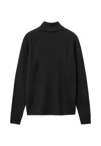 Schwarzer Pullover mit hohem Kragen, langen Ärmeln und einem weichen, strukturierten Stoff. Mit geripptem Saum und Bündchen. Rückansicht angezeigt.