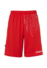 Røde athletic shorts lavet af glat stof, med lodrette hvide stribemønstre på den ene side og et hvidt logo ved kanten.