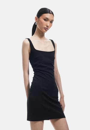 Schwarzes figurbetontes Kleid mit quadratischem Ausschnitt und Spaghettiträgern, aus glattem Stoff gefertigt, mit einfachem, nahtlosem Design.